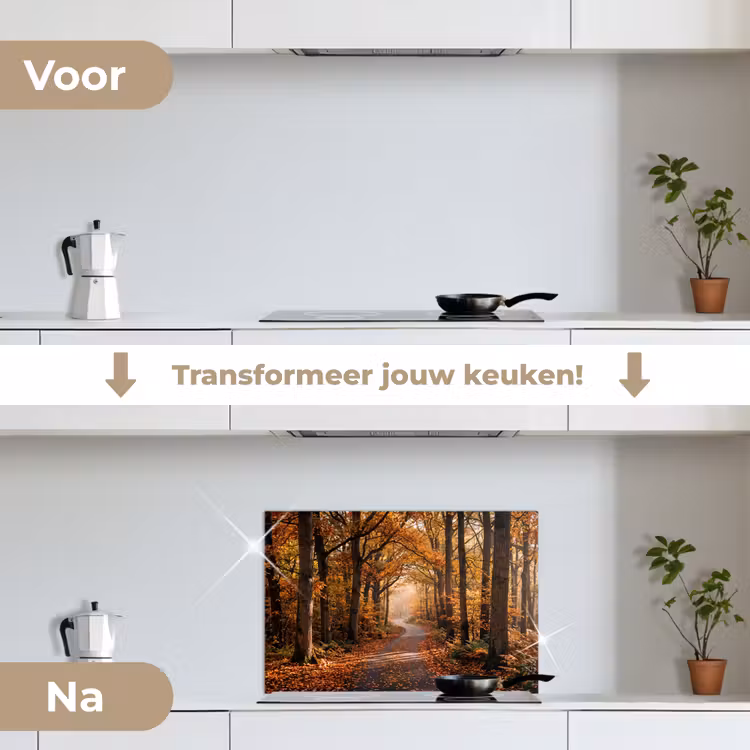 Spatscherm keuken - Bospad - Herfstbos - Bladeren - Oranje - Nostalgisch — 3