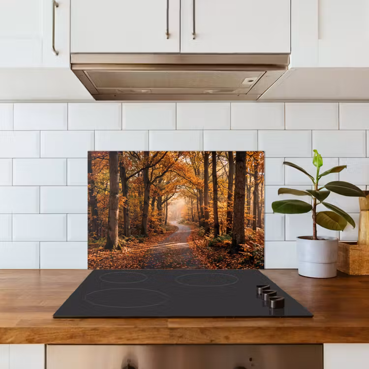 Spatscherm keuken - Bospad - Herfstbos - Bladeren - Oranje - Nostalgisch — 6