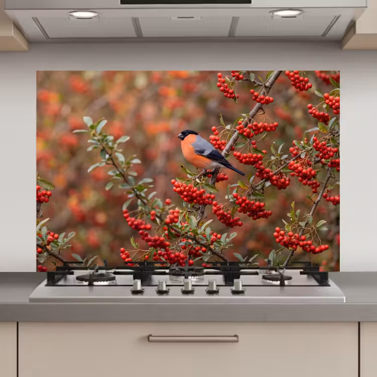 Spatscherm keuken - Goudvink - Bessen - Herfst - Natuur - Kleurrijk — 1