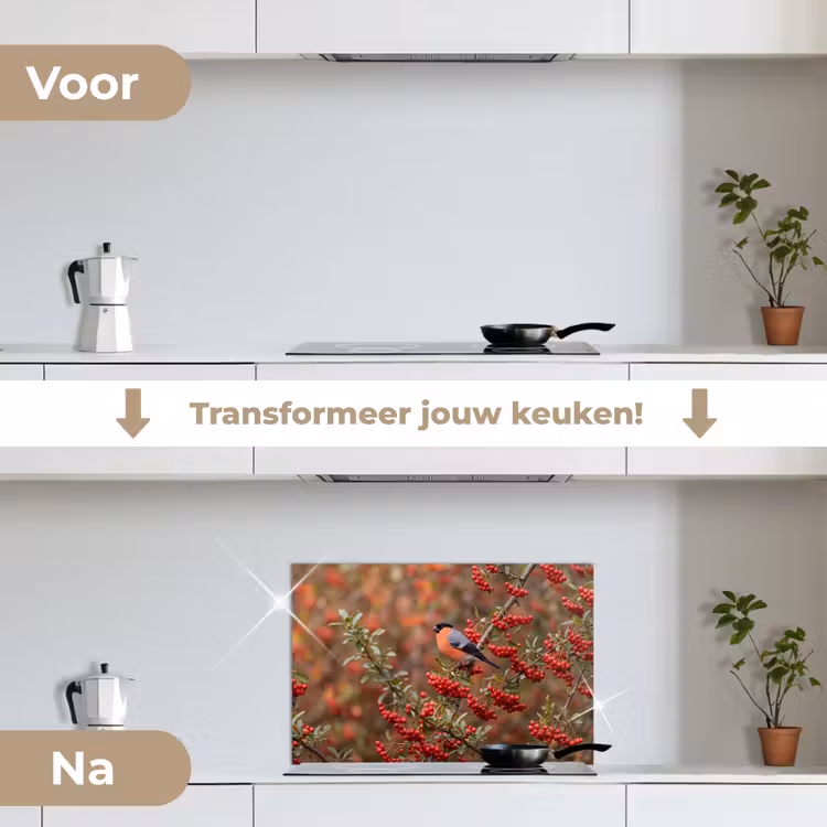 Spatscherm keuken - Goudvink - Bessen - Herfst - Natuur - Kleurrijk — 3