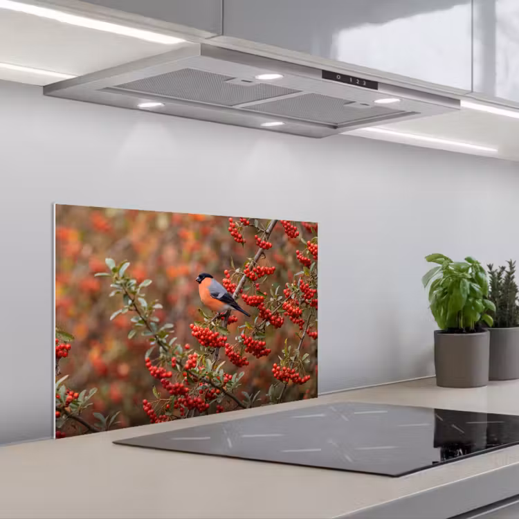 Spatscherm keuken - Goudvink - Bessen - Herfst - Natuur - Kleurrijk — 5