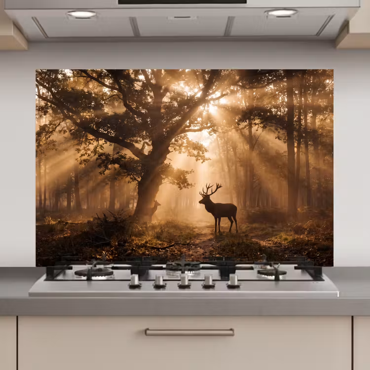 Spatscherm keuken - Hert - Bos - Mistig - Natuur - Goud — 1