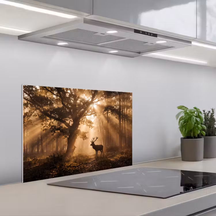 Spatscherm keuken - Hert - Bos - Mistig - Natuur - Goud — 5