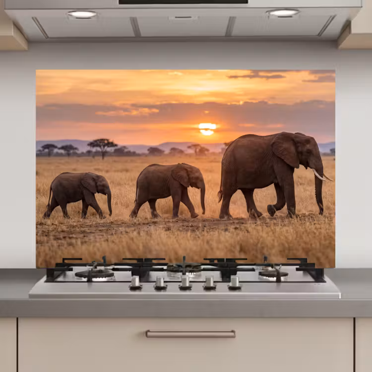 Spatscherm keuken - Olifanten - Savanne - Zonsondergang - Afrika - Warm — 1