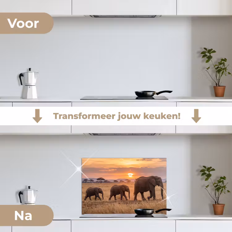 Spatscherm keuken - Olifanten - Savanne - Zonsondergang - Afrika - Warm — 3