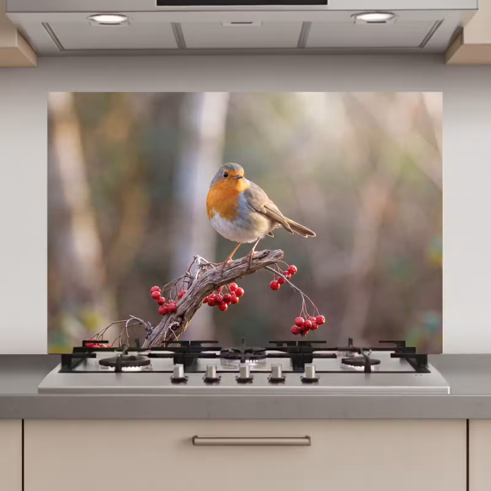 Spatscherm keuken - Roodborst - Tak - Bessen - Natuur — 1