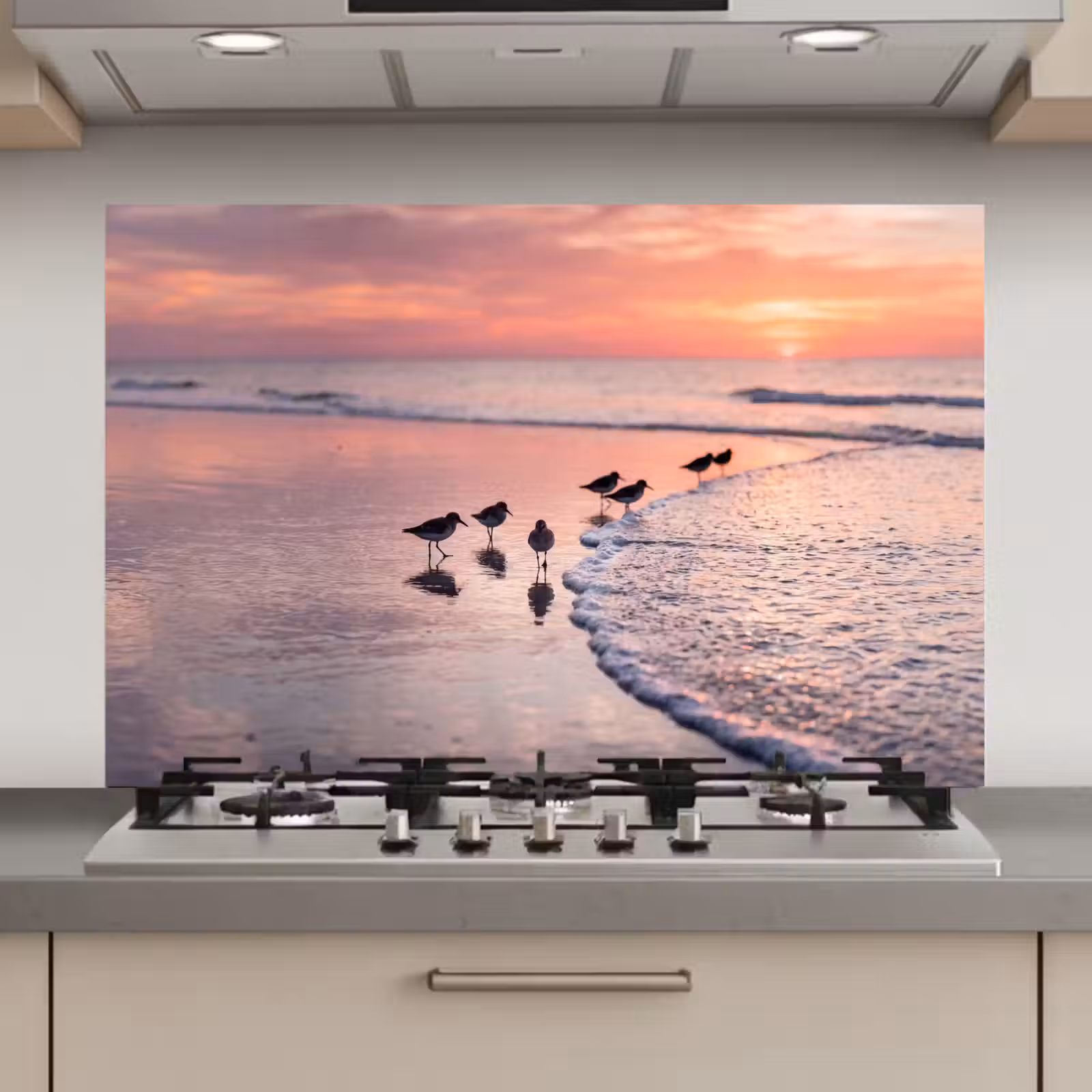 Spatscherm keuken - Meeuwen - Strand - Zee - Roze — 1
