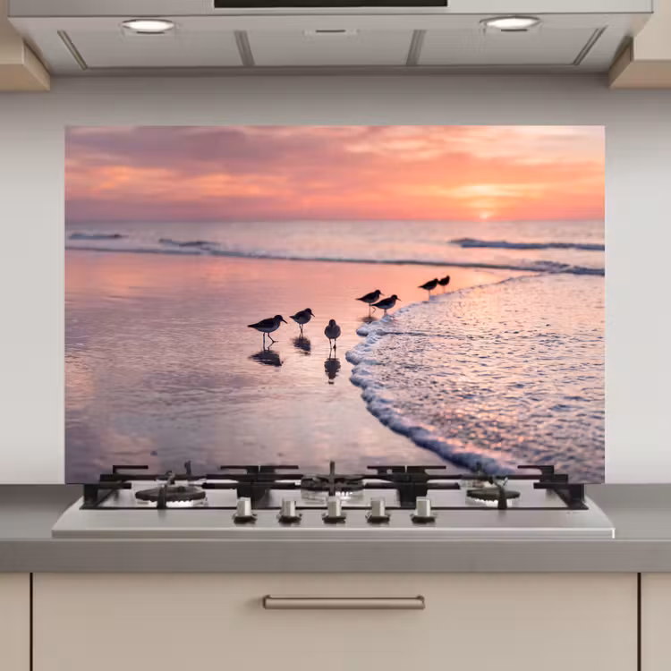Spatscherm keuken - Meeuwen - Strand - Zee - Roze — 1