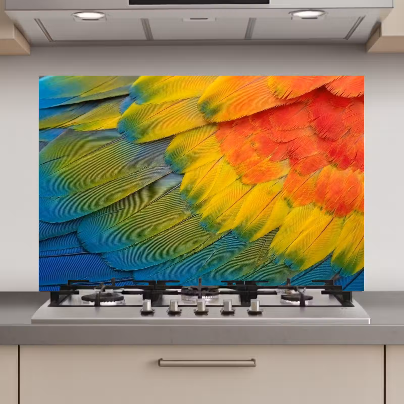 Spatscherm keuken - Veren - Ara - Kleurrijk — 1