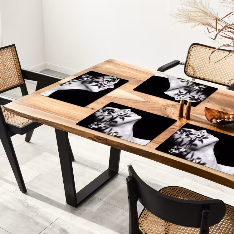 Placemat - 6 stuks - Gezicht - Schaduw - Bladeren - Zwart - Wit - Intiem — 5