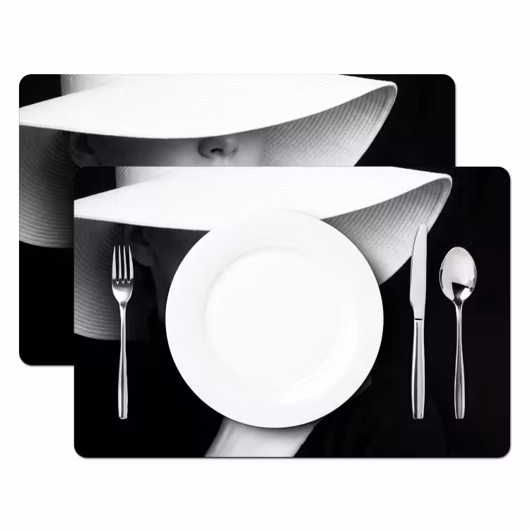 Placemat - 6 stuks - Vrouw - Hoed - Hand - Zwart - Wit - Klassiek — 2