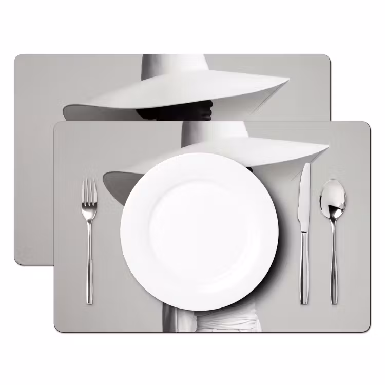 Placemat - 6 stuks - Vrouw - Profiel - Hoed - Zwart - Wit - Minimalistisch — 2