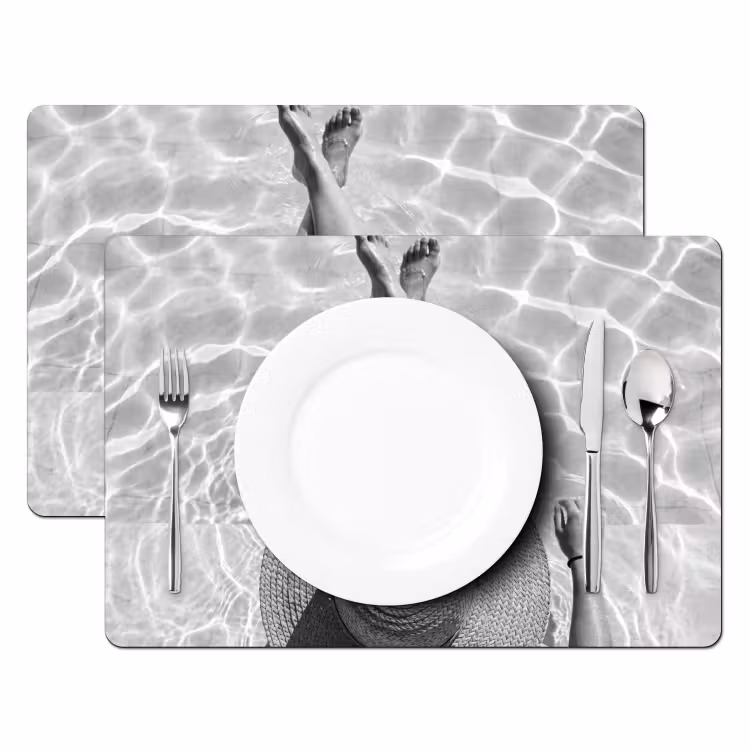 Placemat - 6 stuks - Zwembad - Hoed - Water - Zwart - Wit - Zomers — 2