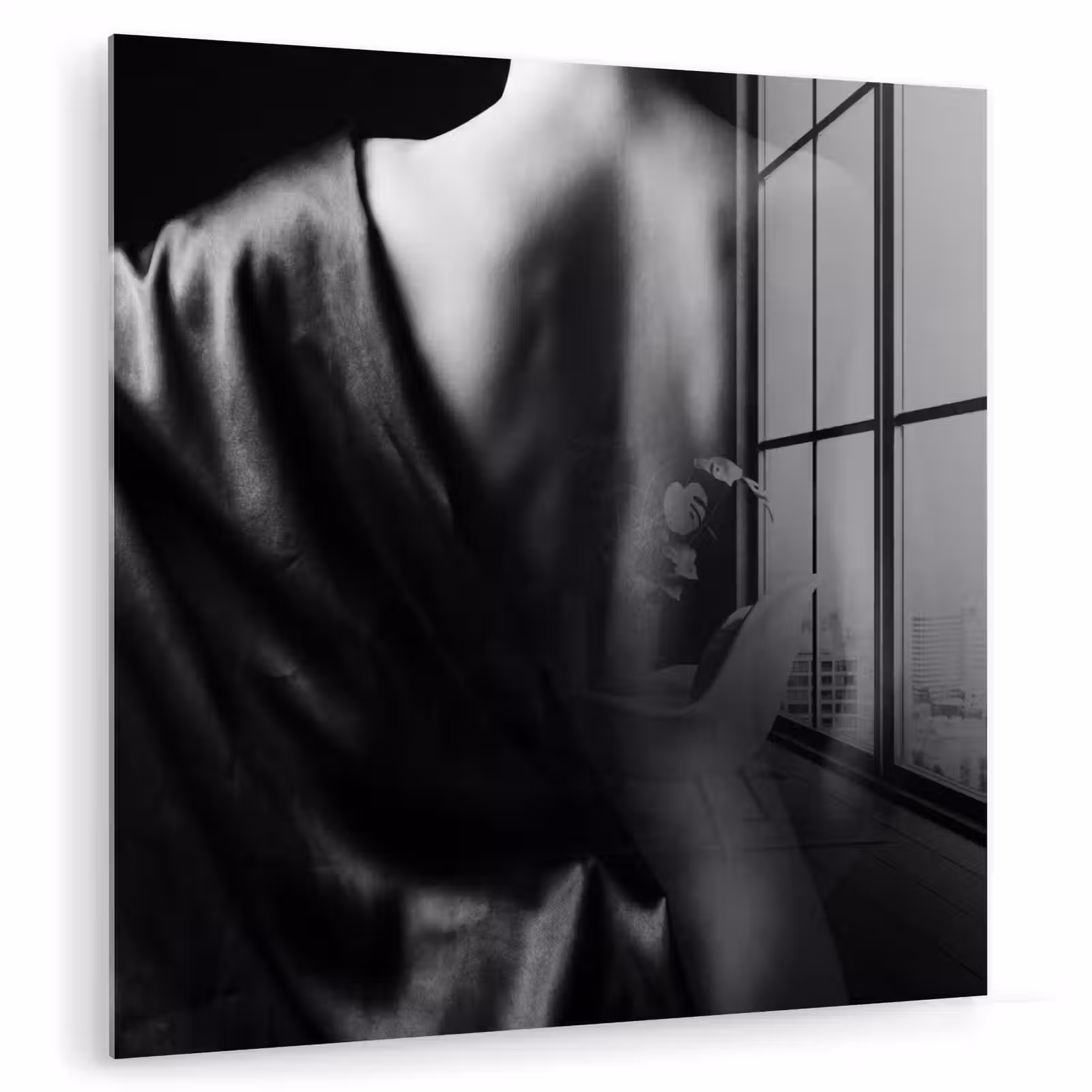 Glas schilderij - Schouder - Zijde - Rug - Zwart - Wit - Elegant — 1