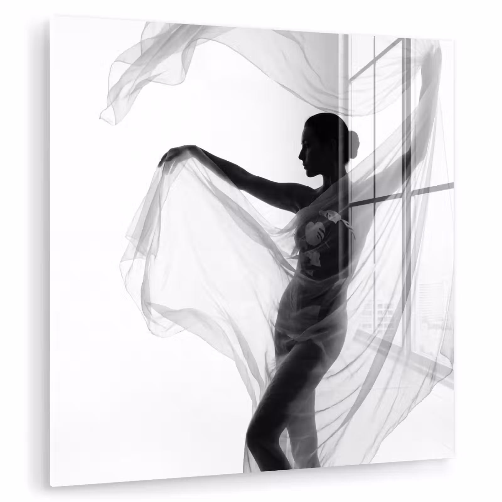 Glas schilderij - Silhouet - Sluier - Vormen - Zwart - Wit - Sensueel — 1