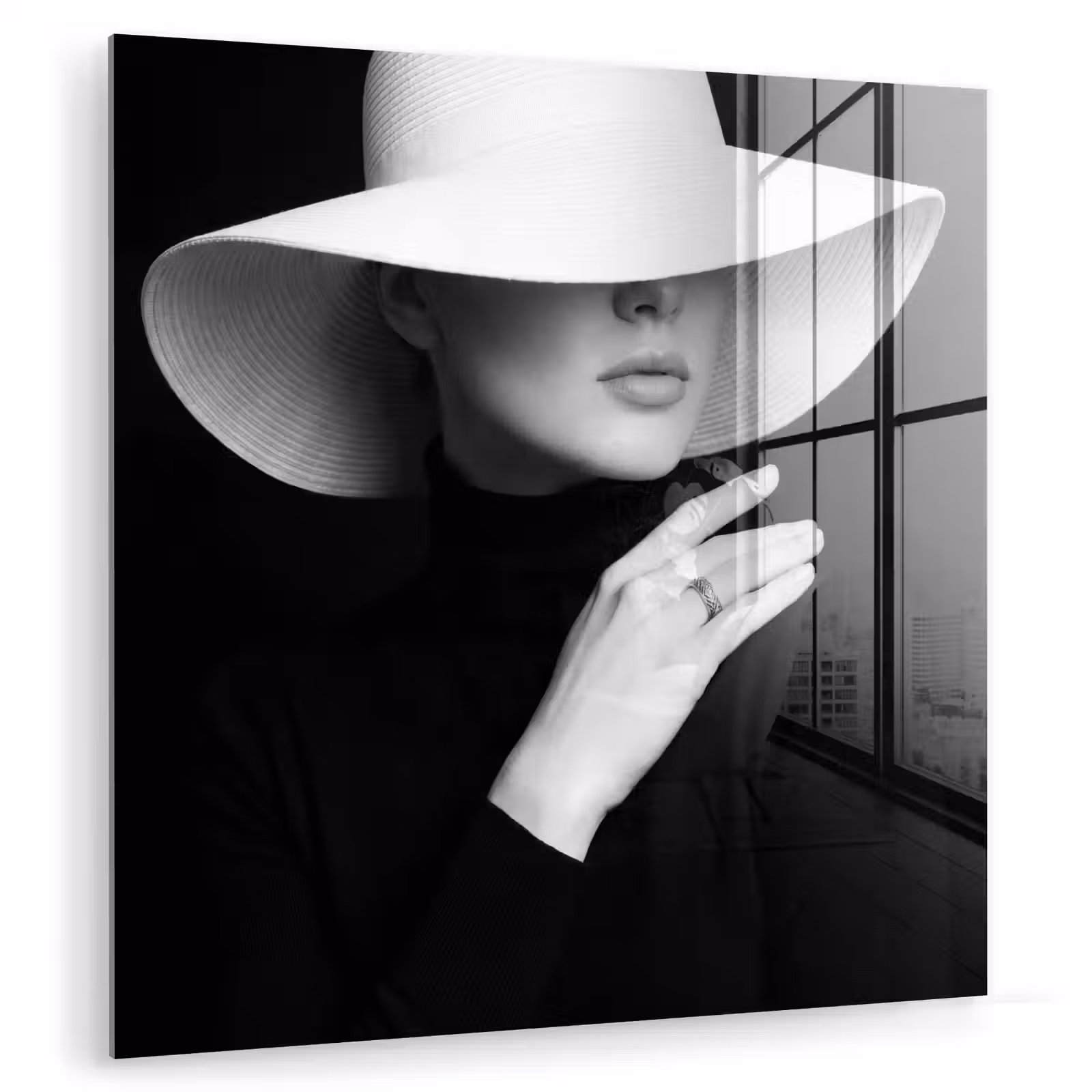 Glas schilderij - Vrouw - Hoed - Hand - Zwart - Wit - Klassiek — 1