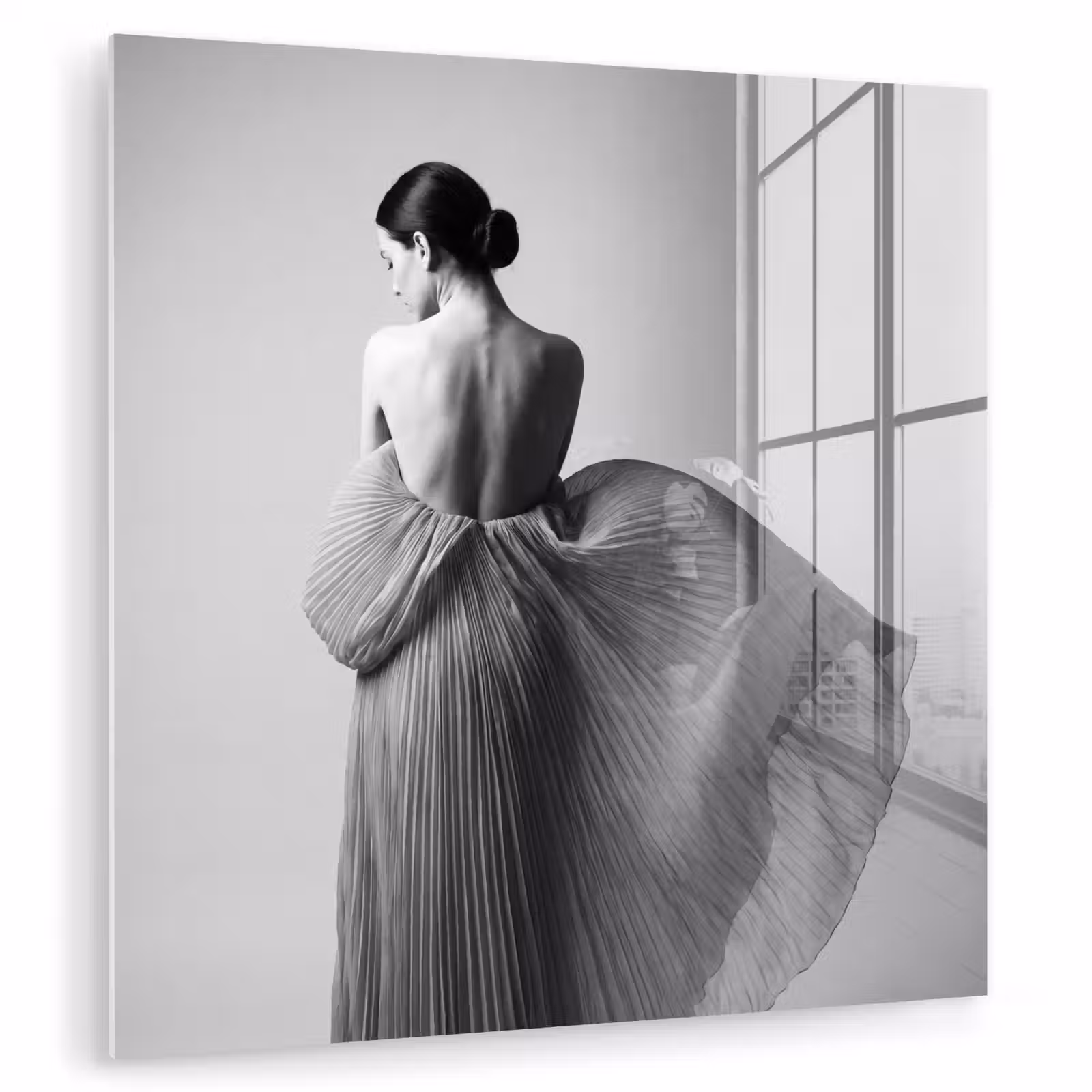 Glas schilderij - Vrouw - Rug - Textuur - Zwart - Wit - Elegant — 1