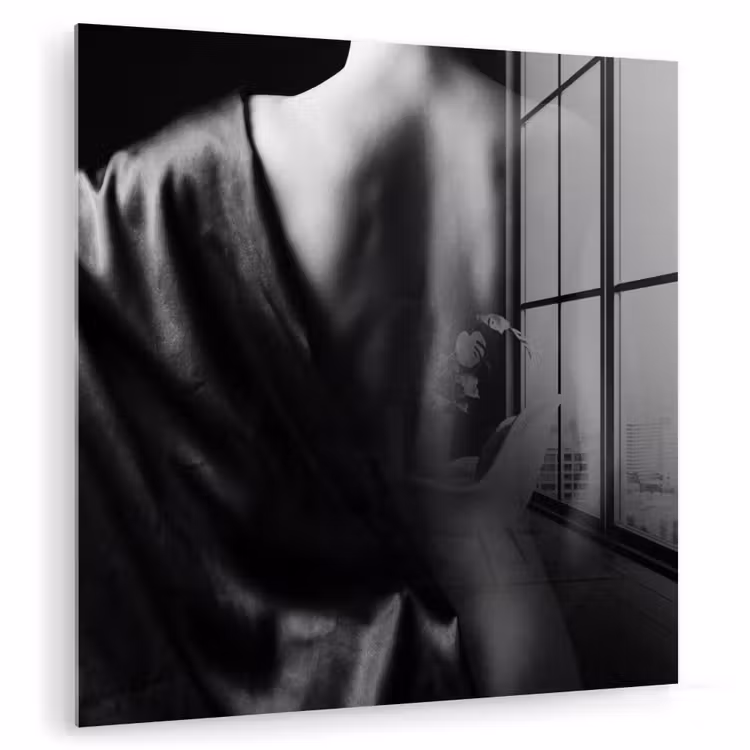 Glas schilderij - Schouder - Zijde - Rug - Zwart - Wit - Elegant — 1