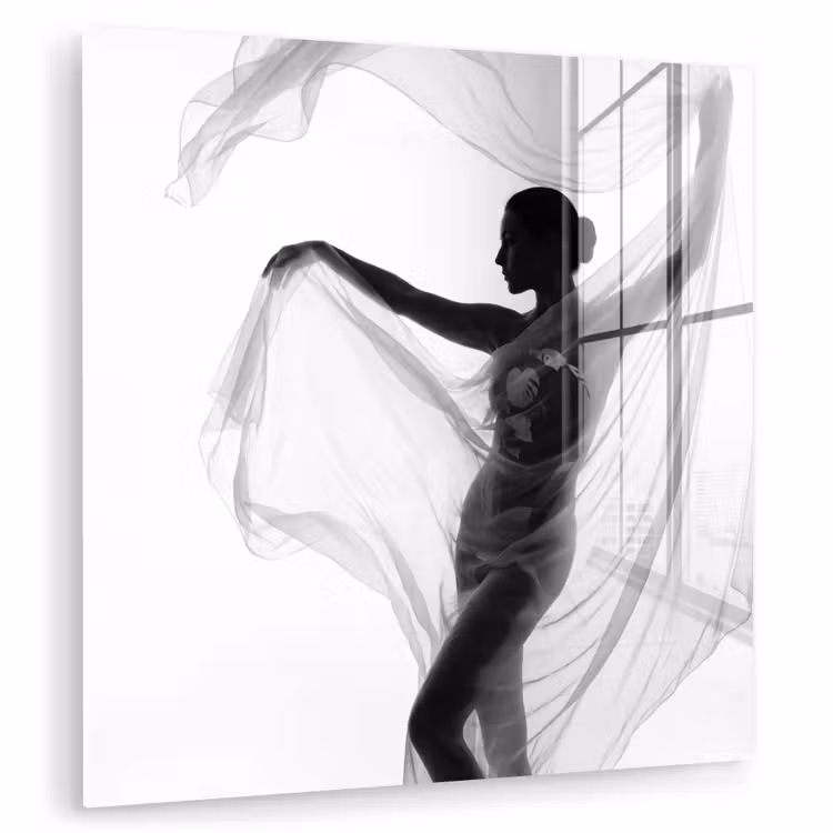 Glas schilderij - Silhouet - Sluier - Vormen - Zwart - Wit - Sensueel — 1