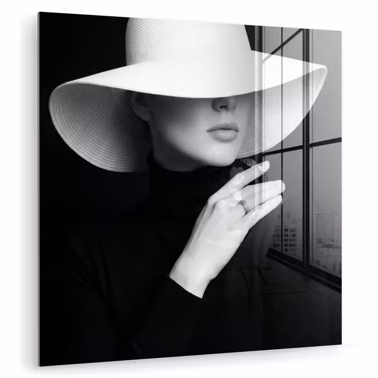Glas schilderij - Vrouw - Hoed - Hand - Zwart - Wit - Klassiek — 1