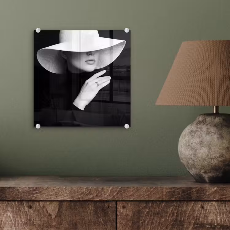 Glas schilderij - Vrouw - Hoed - Hand - Zwart - Wit - Klassiek — 4