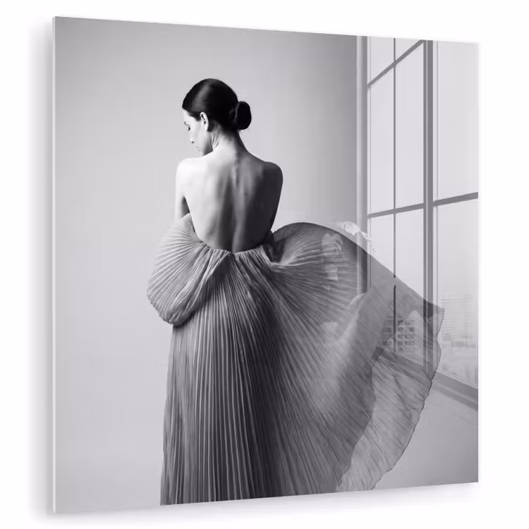 Glas schilderij - Vrouw - Rug - Textuur - Zwart - Wit - Elegant — 1