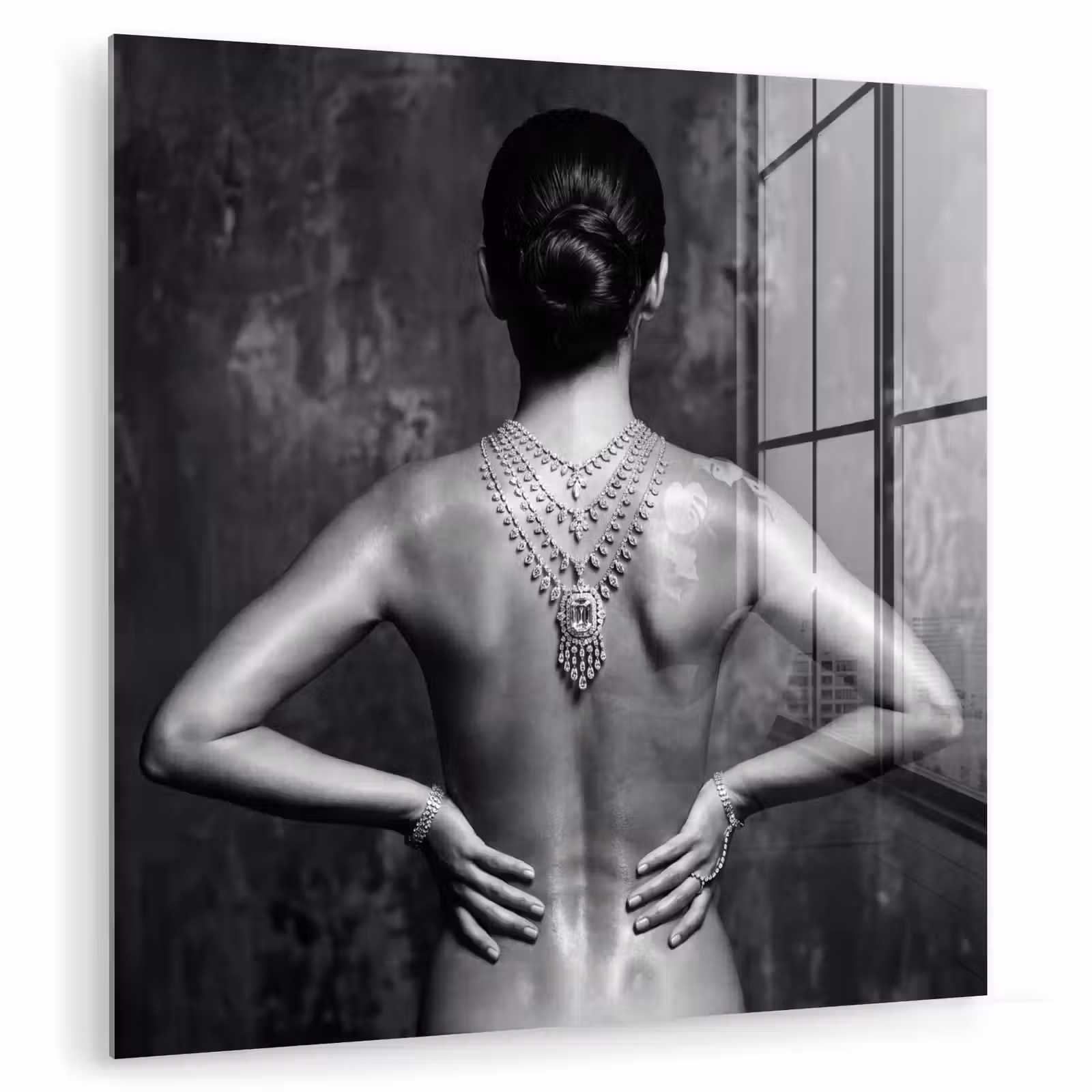 Glas schilderij - Rug - Ketting - Portret - Zwart - Wit - Glamour — 1