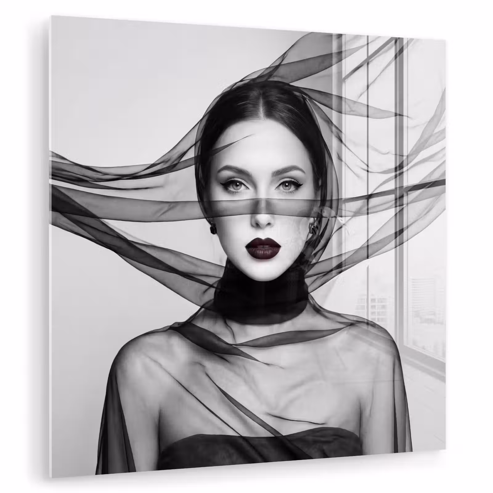 Glas schilderij - Vrouw - Sluier - Portret - Zwart - Wit - Elegant — 1