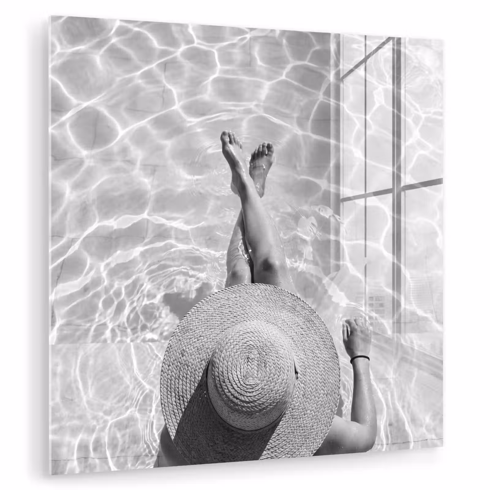 Glas schilderij - Zwembad - Hoed - Water - Zwart - Wit - Zomers — 1
