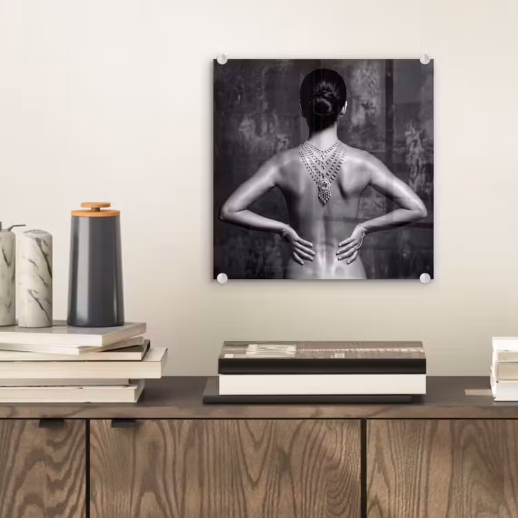 Glas schilderij - Rug - Ketting - Portret - Zwart - Wit - Glamour — 2