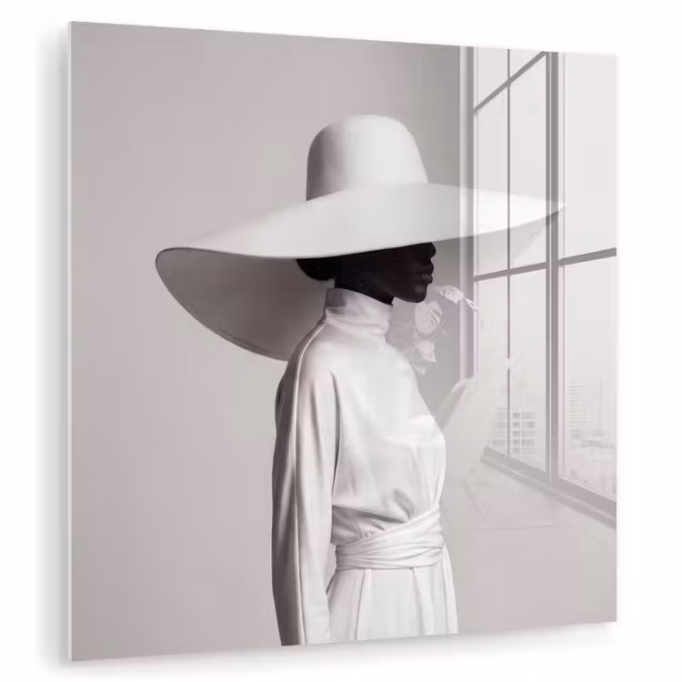 Glas schilderij - Vrouw - Profiel - Hoed - Zwart - Wit - Minimalistisch — 1