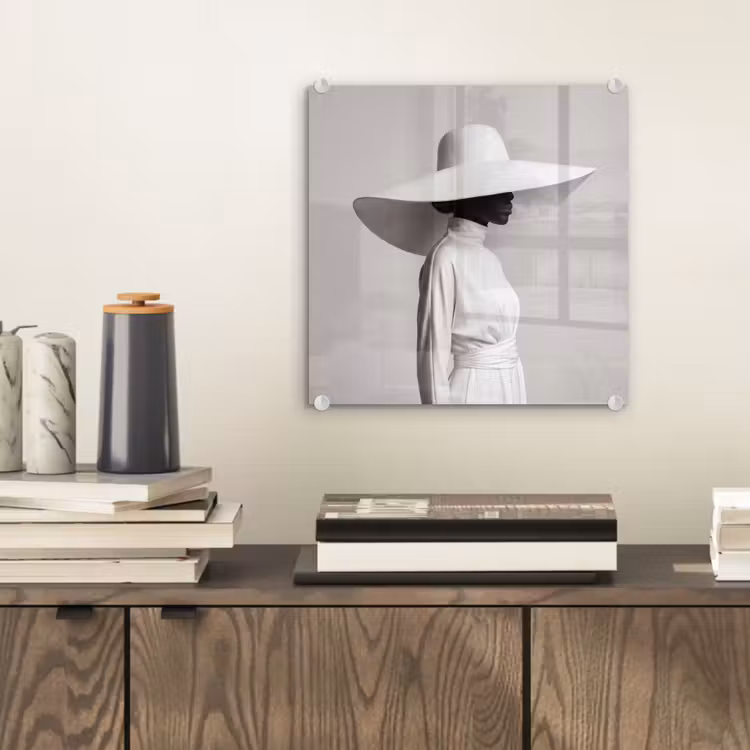 Glas schilderij - Vrouw - Profiel - Hoed - Zwart - Wit - Minimalistisch — 2