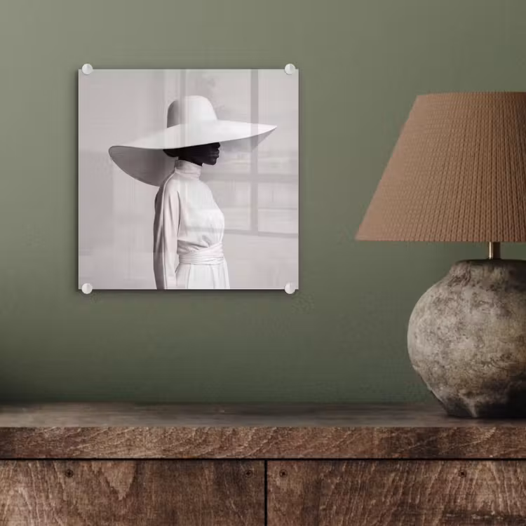 Glas schilderij - Vrouw - Profiel - Hoed - Zwart - Wit - Minimalistisch — 4