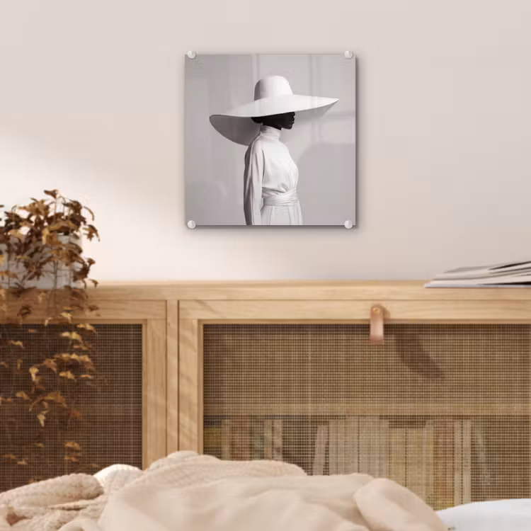 Glas schilderij - Vrouw - Profiel - Hoed - Zwart - Wit - Minimalistisch — 5