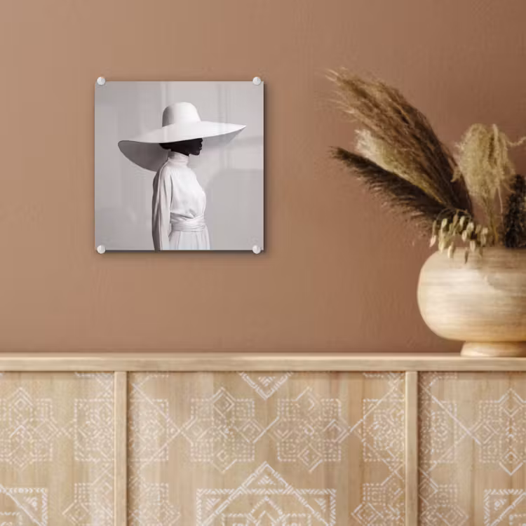 Glas schilderij - Vrouw - Profiel - Hoed - Zwart - Wit - Minimalistisch — 6