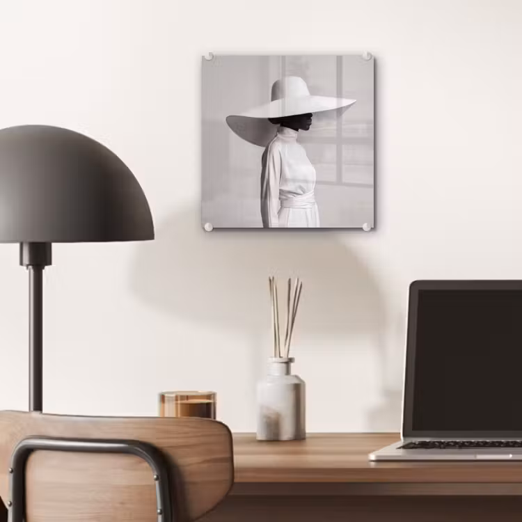Glas schilderij - Vrouw - Profiel - Hoed - Zwart - Wit - Minimalistisch — 7