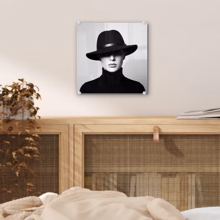Glas schilderij - Vrouw - Schaduw - Zwart - Wit - Mysterieus — 5