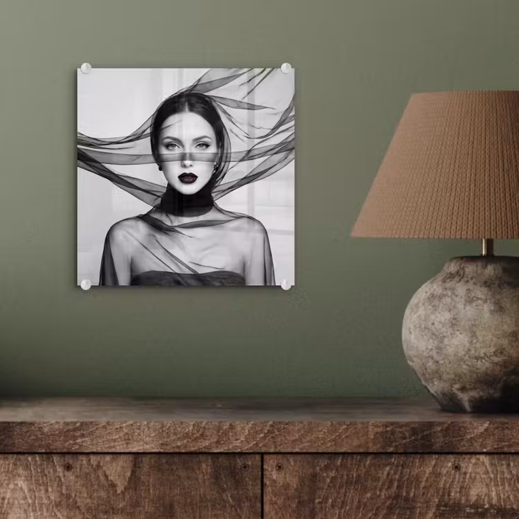 Glas schilderij - Vrouw - Sluier - Portret - Zwart - Wit - Elegant — 4