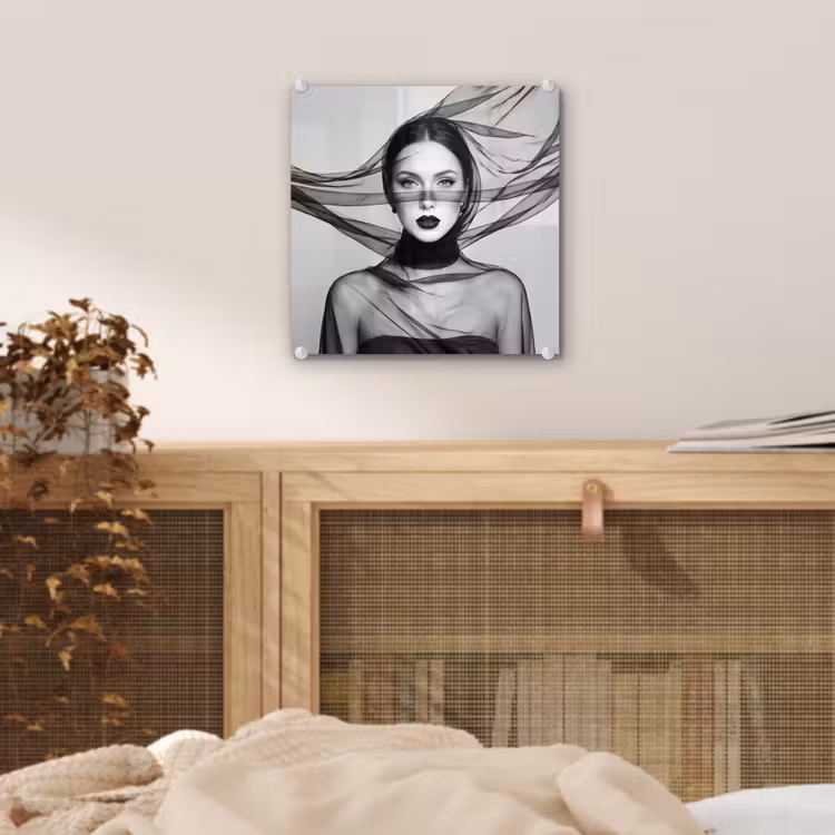Glas schilderij - Vrouw - Sluier - Portret - Zwart - Wit - Elegant — 5