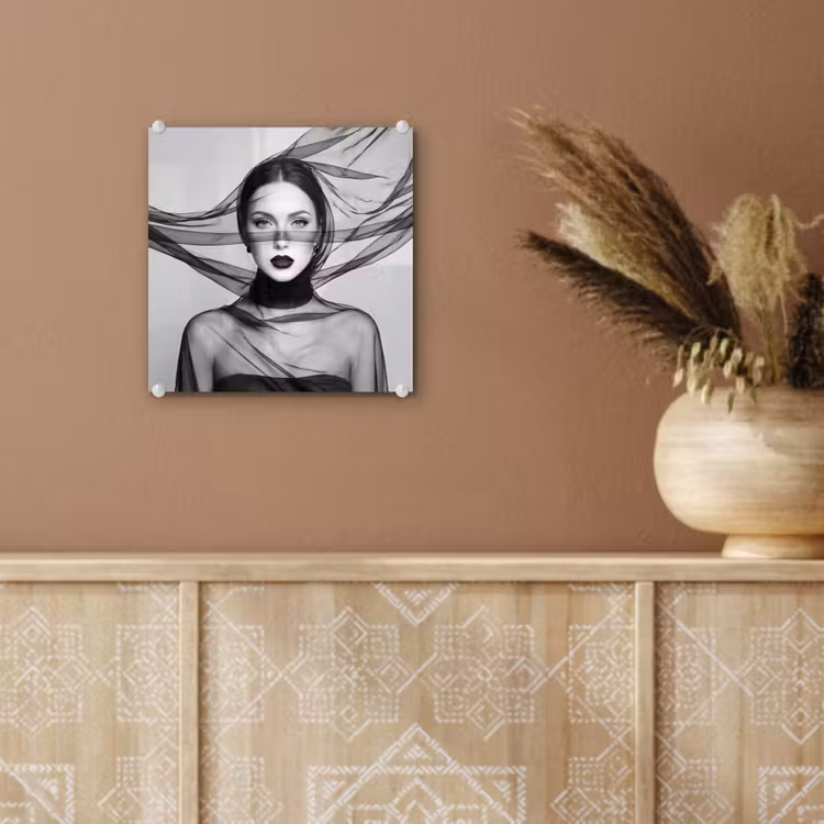Glas schilderij - Vrouw - Sluier - Portret - Zwart - Wit - Elegant — 6
