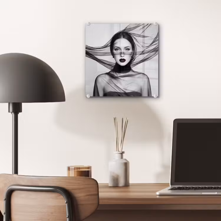 Glas schilderij - Vrouw - Sluier - Portret - Zwart - Wit - Elegant — 7