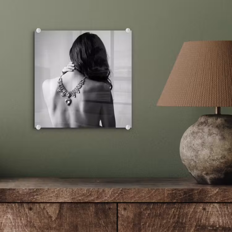 Glas schilderij - Vrouw - Ketting - Fashion - Zwart - Wit — 4