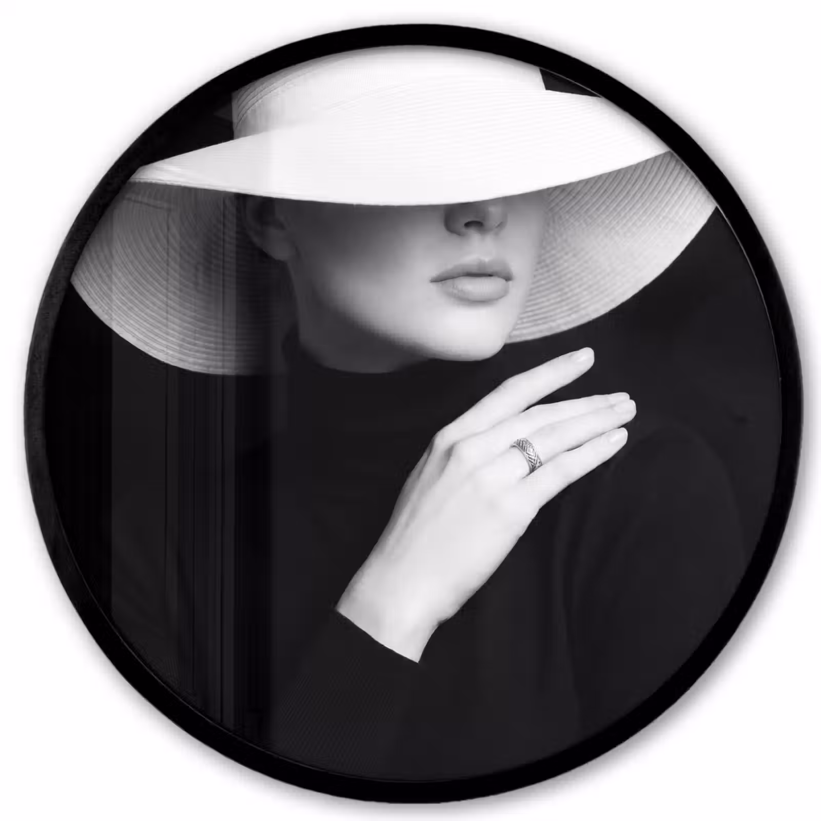 Ronde fotolijst - Vrouw - Hoed - Hand - Zwart - Wit - Klassiek — 1