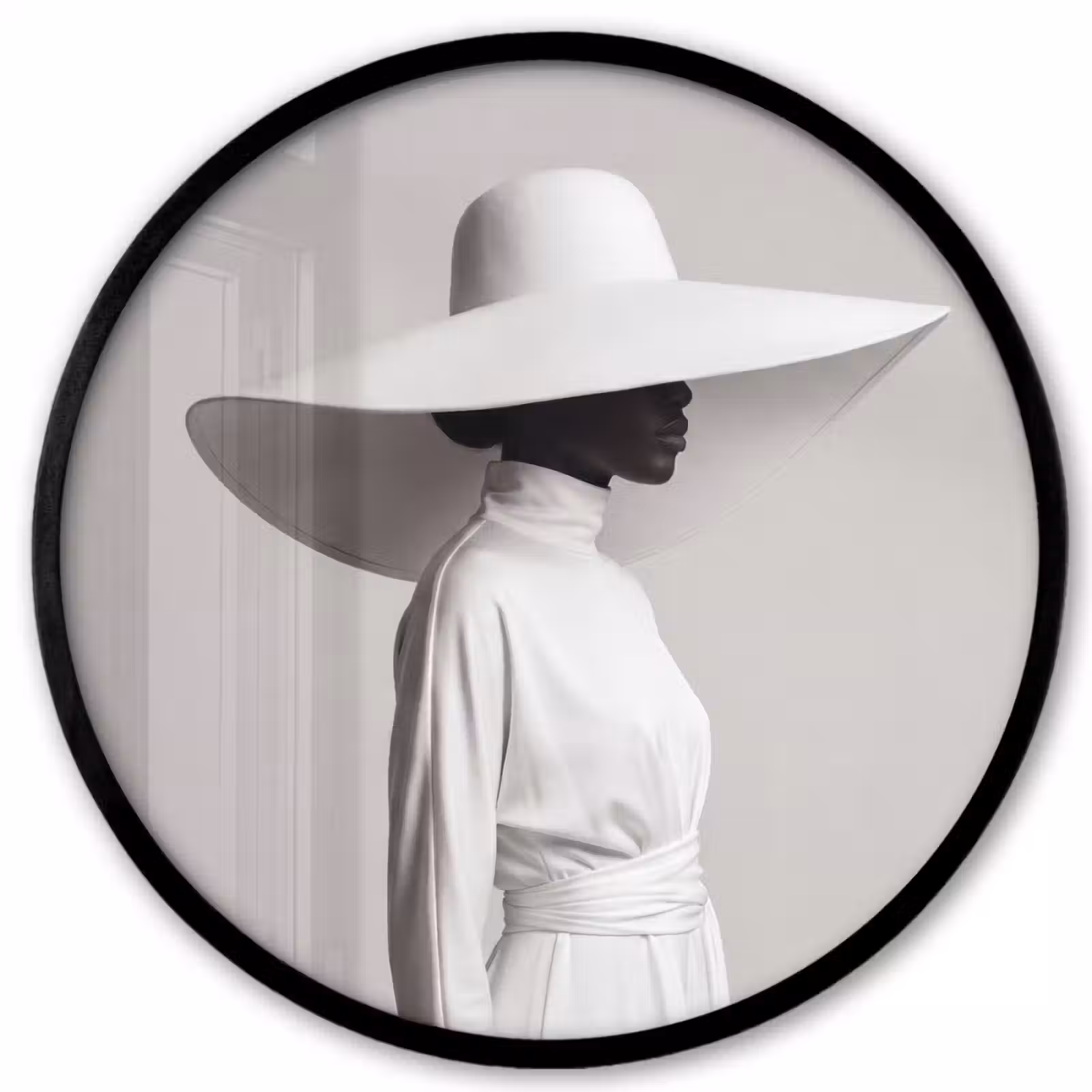 Ronde fotolijst - Vrouw - Profiel - Hoed - Zwart - Wit - Minimalistisch — 1