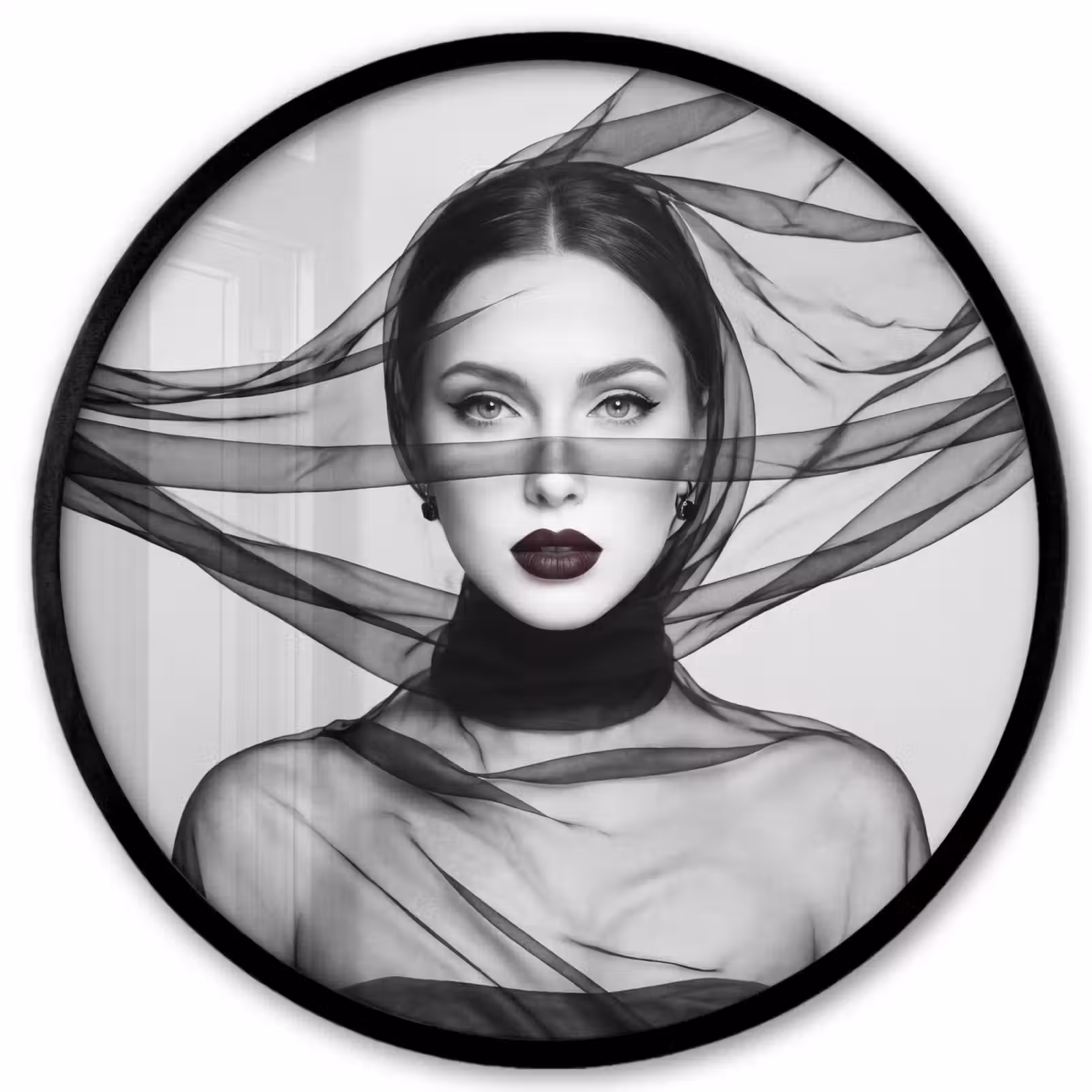 Ronde fotolijst - Vrouw - Sluier - Portret - Zwart - Wit - Elegant — 1