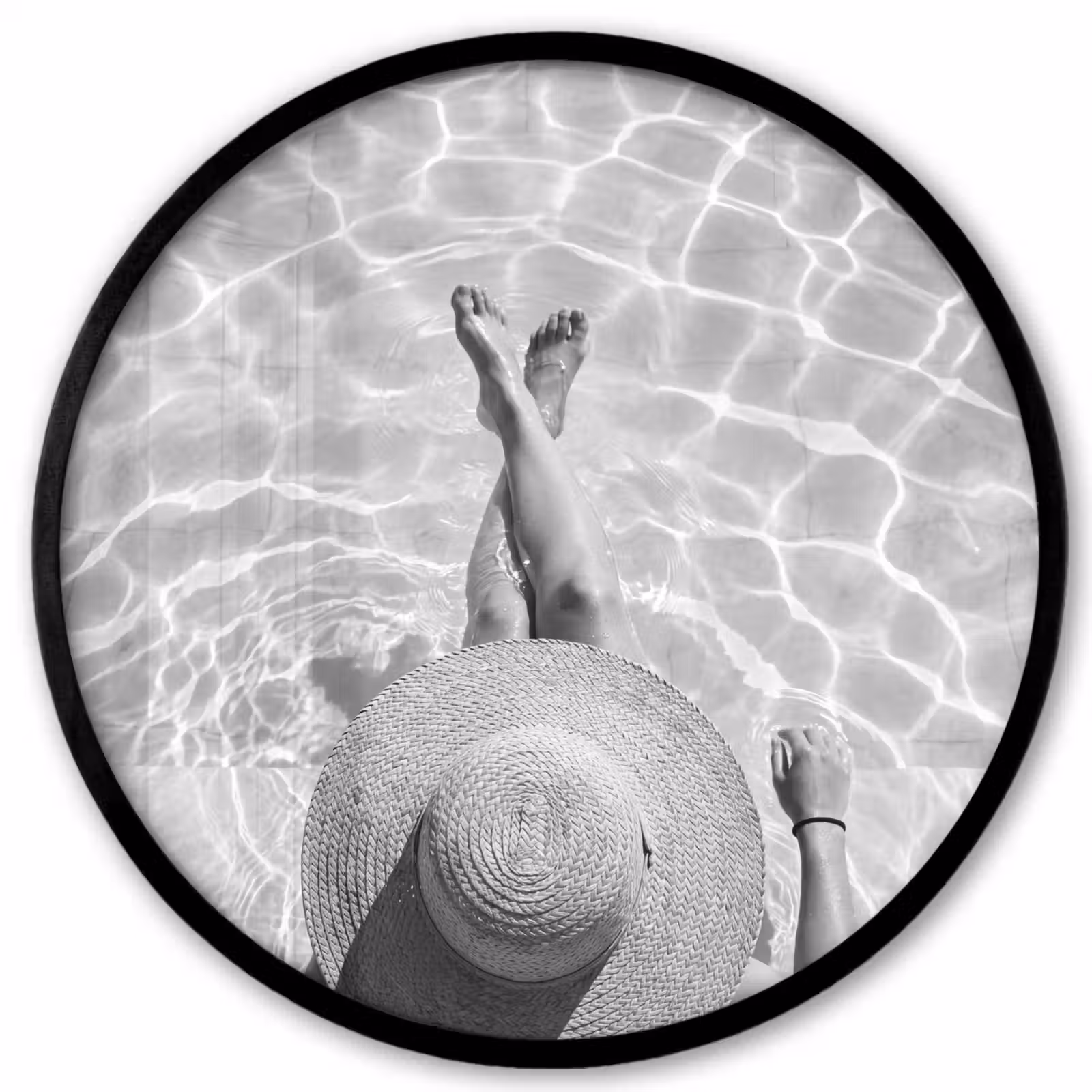 Ronde fotolijst - Zwembad - Hoed - Water - Zwart - Wit - Zomers — 1