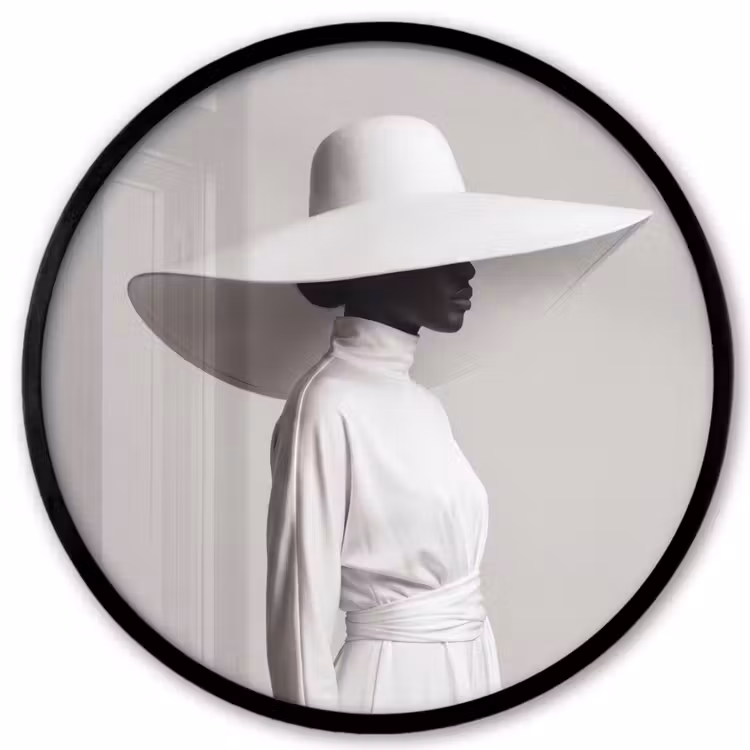 Ronde fotolijst - Vrouw - Profiel - Hoed - Zwart - Wit - Minimalistisch — 1
