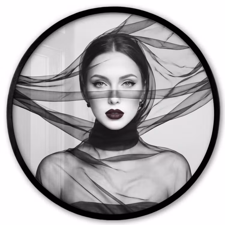 Ronde fotolijst - Vrouw - Sluier - Portret - Zwart - Wit - Elegant — 1