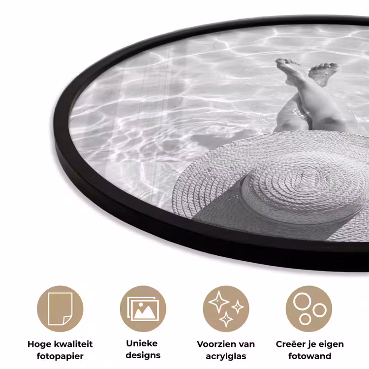 Ronde fotolijst - Zwembad - Hoed - Water - Zwart - Wit - Zomers — 2
