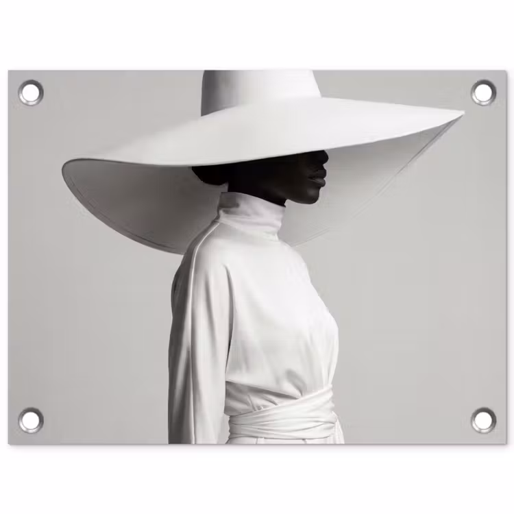 Tuinposter - Vrouw - Profiel - Hoed - Zwart - Wit - Minimalistisch — 1